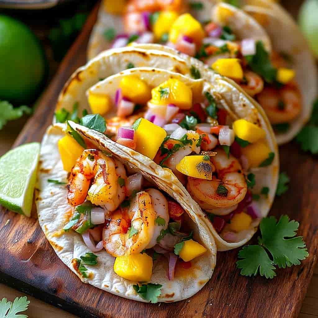 Jerk shrimp tacos with mango salsa on rustic plate