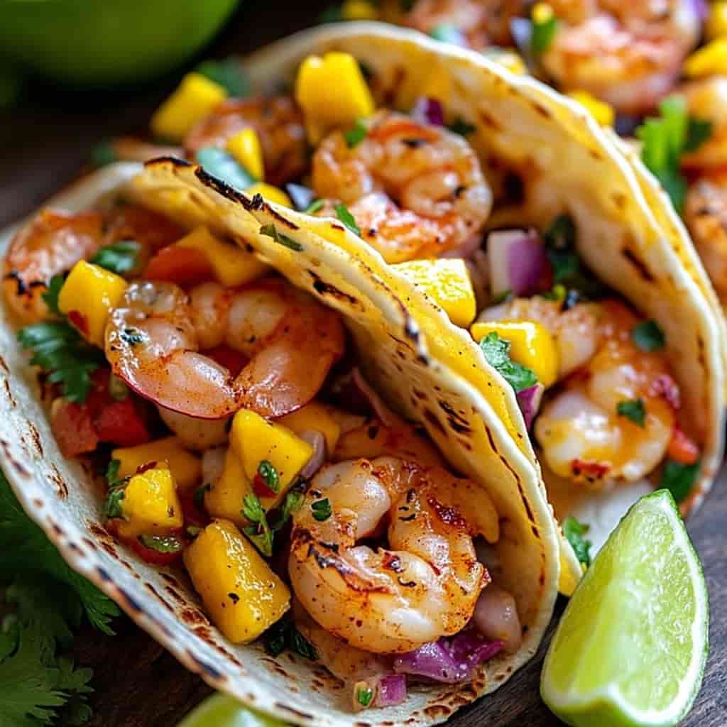 Jerk shrimp tacos beside printed recipe card