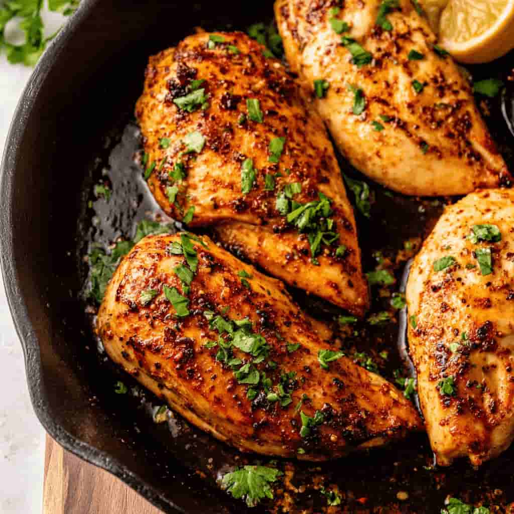 Cast iron chicken breasts cooked in skillet with lemon and butter