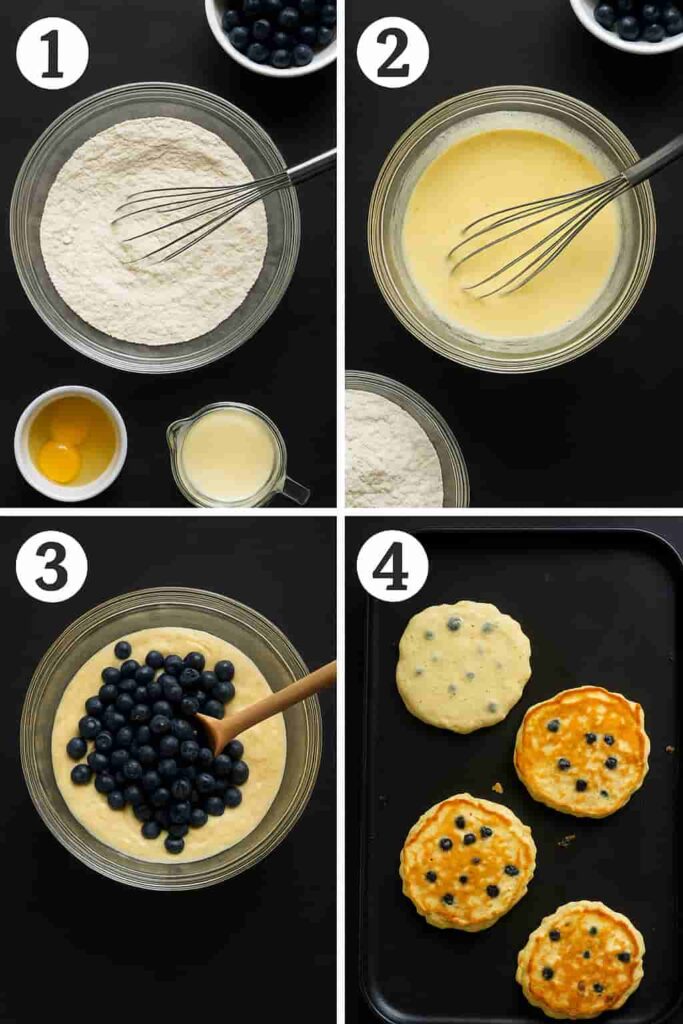 Cooking blueberry lemon pancakes on griddle