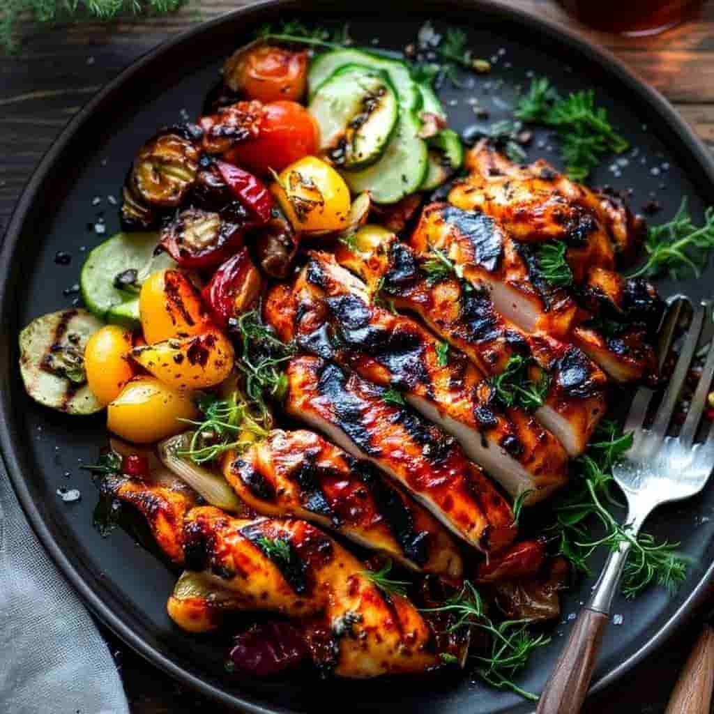 served cast iron chicken breast with sides