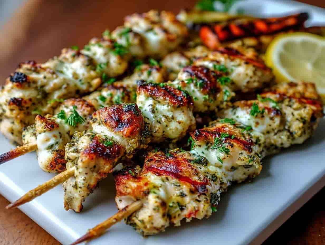 Garlic Parmesan Chicken Skewers Served with Lemon