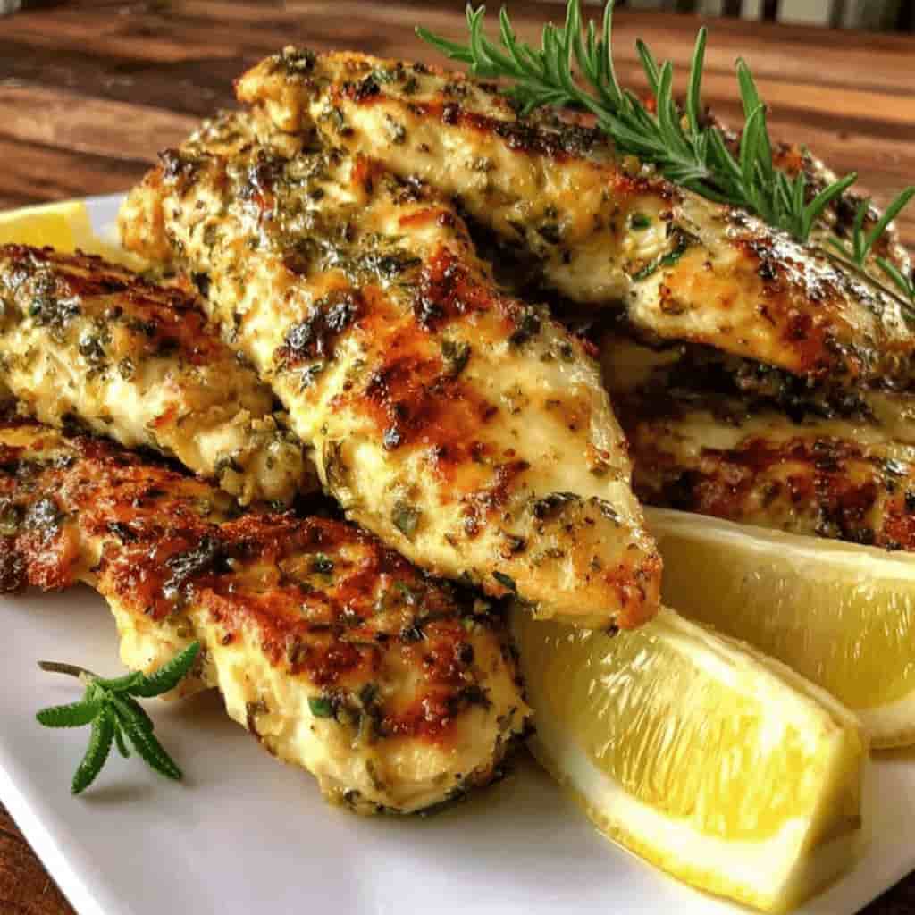 grilled chicken strips on plate with lemon