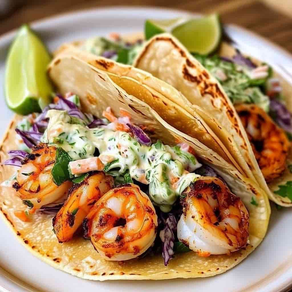 Blackened Shrimp Tacos with garlic lime sauce