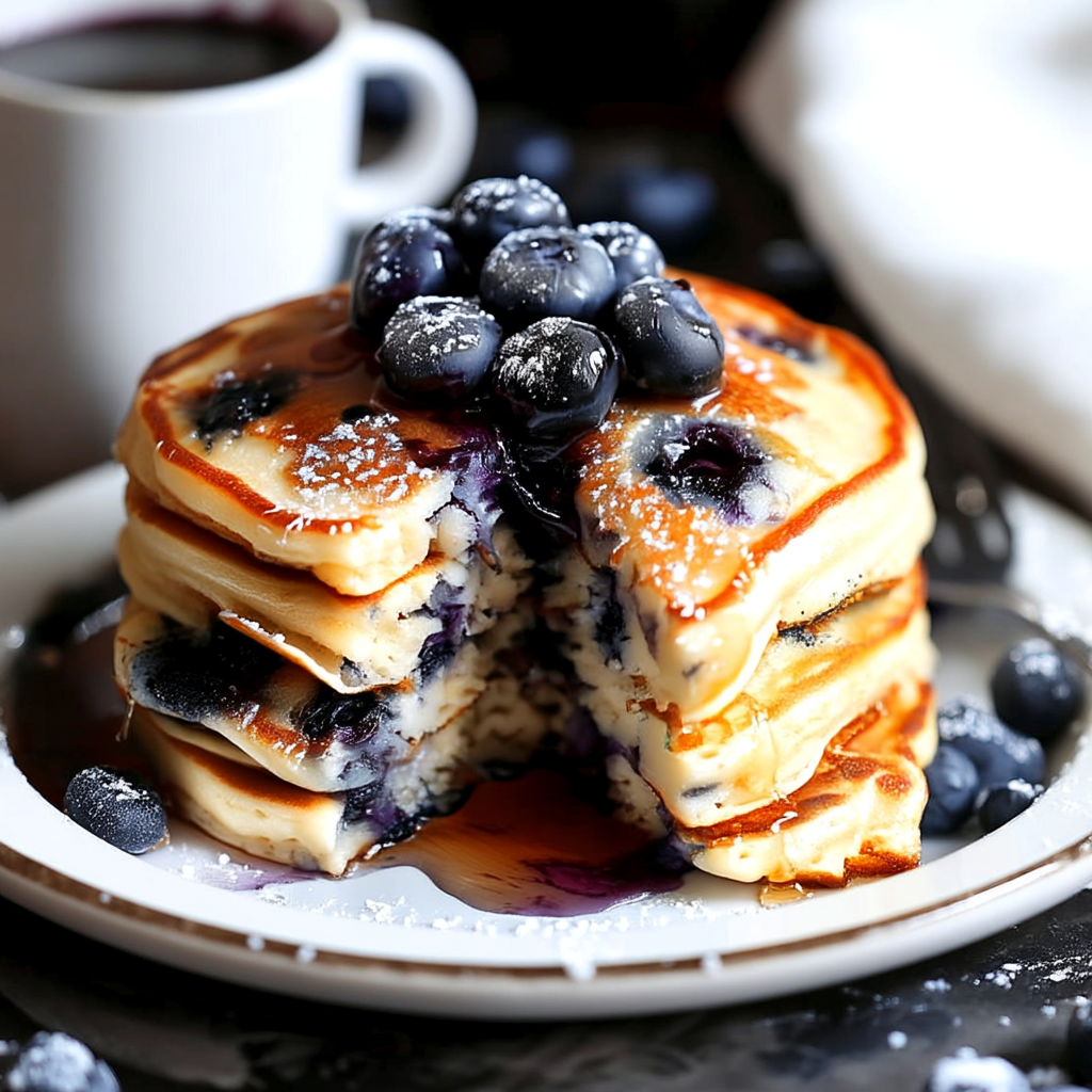  Served blueberry lemon pancakes with toppings
