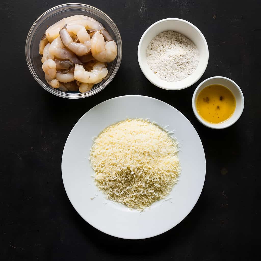 Shrimp coated in panko and coconut, Frying shrimp in hot oil, Freshly fried coconut shrimp