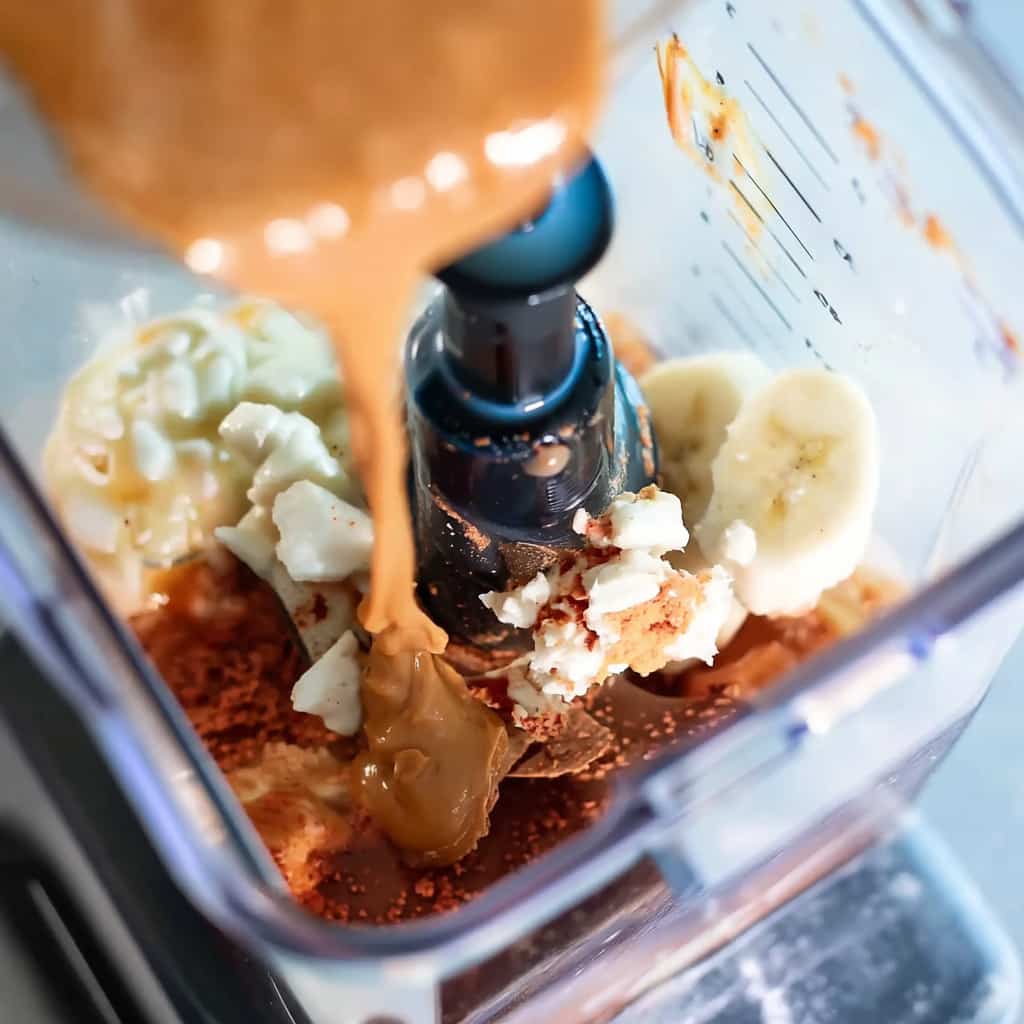 Adding banana, peanut butter, and cottage cheese to blender