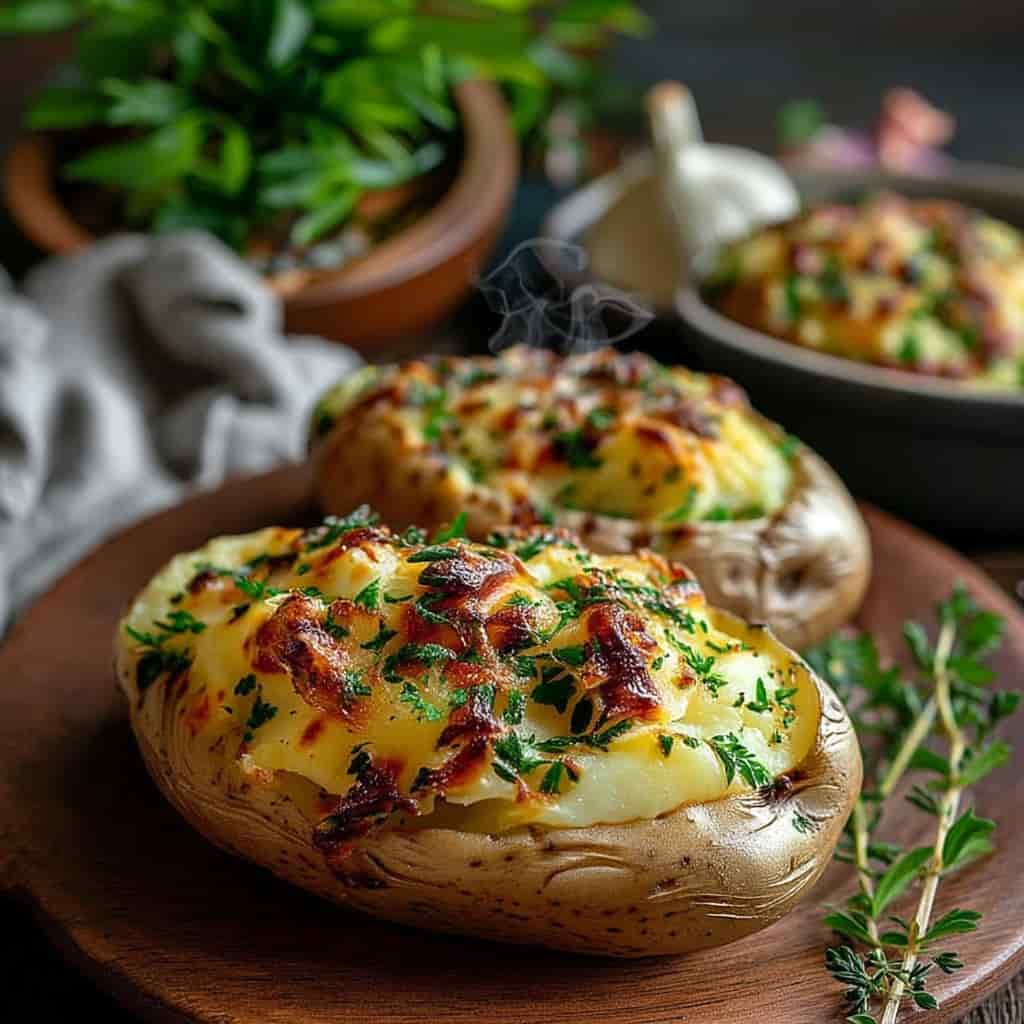 Served twice baked mashed potatoes on dinner plate